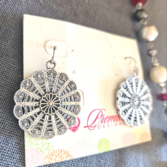 Premier Designs long necklace & fishhook earrings antiqued silver red pearl new - Picture 9 of 14